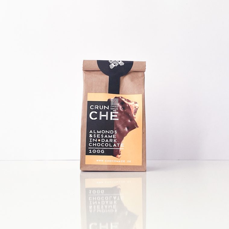 CrunCHÉ mandula és szezámmag krokant 100g-os kiszerelésben – tökéletes választás ínyenceknek és csokoládé szerelmeseinek.