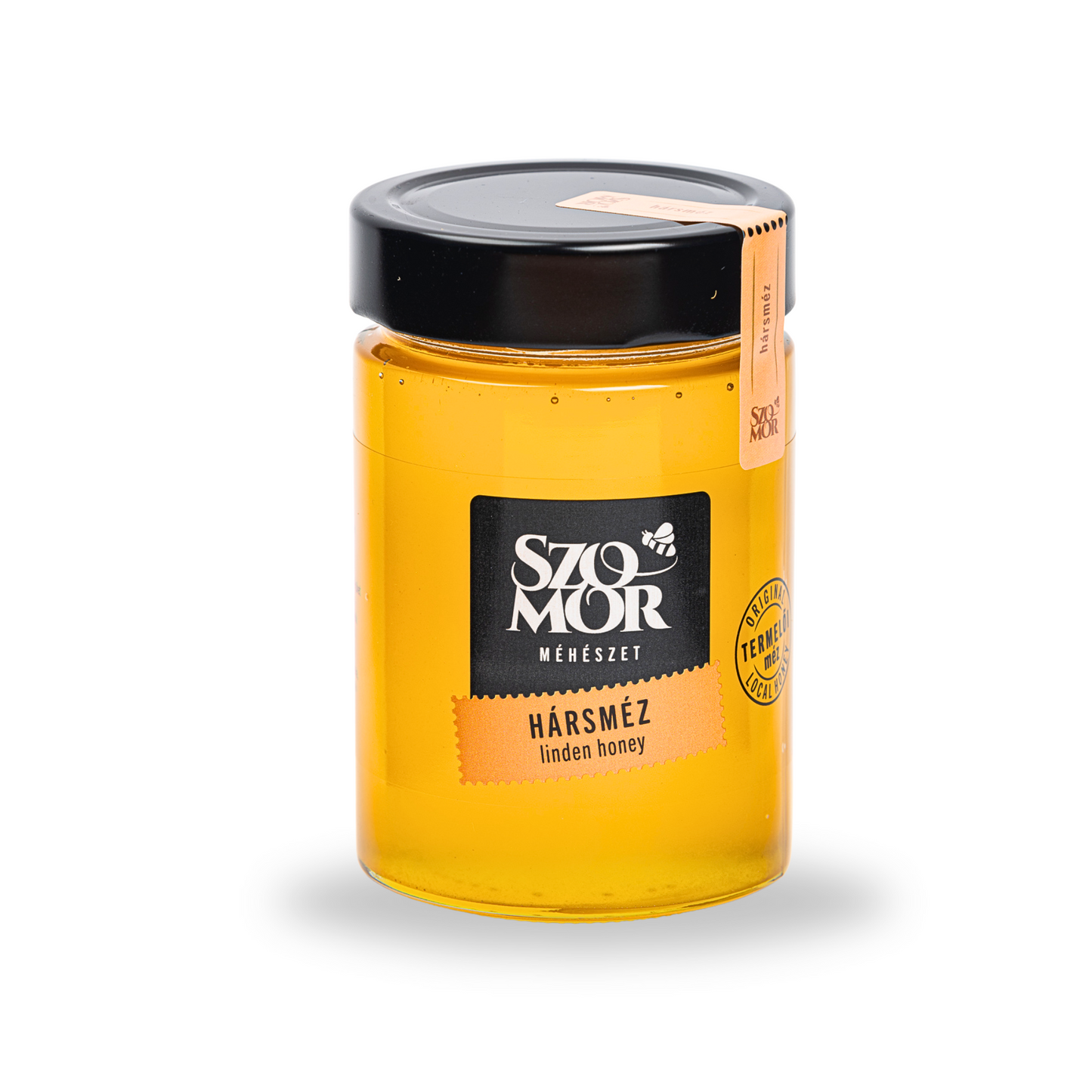 Szomor Méhészet 450 g hársméz üveg tiszta fehér háttér előtt, termelői mézként jelölve.