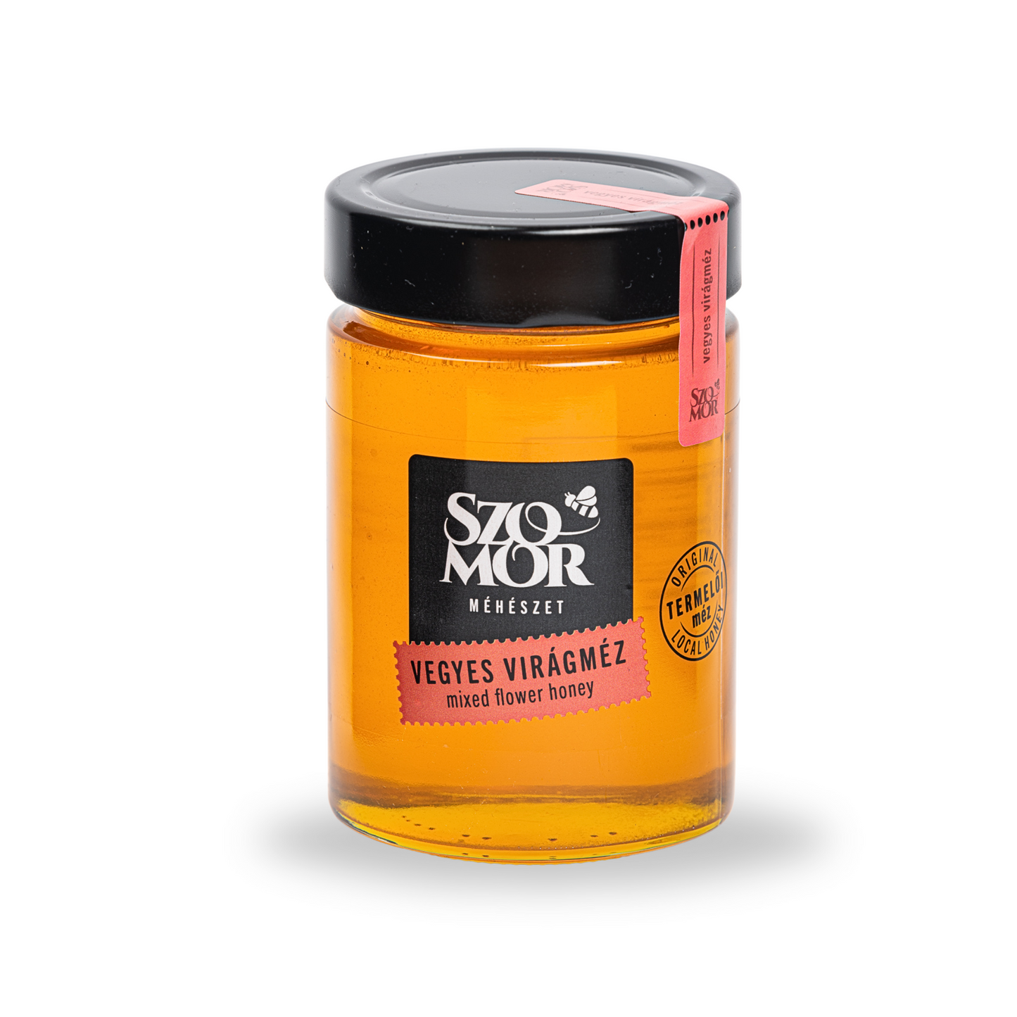 Szomor Méhészet vegyes virágméz 450g-os üvegben, termelői mézként jelölve, kristálytiszta, arany színű méz.