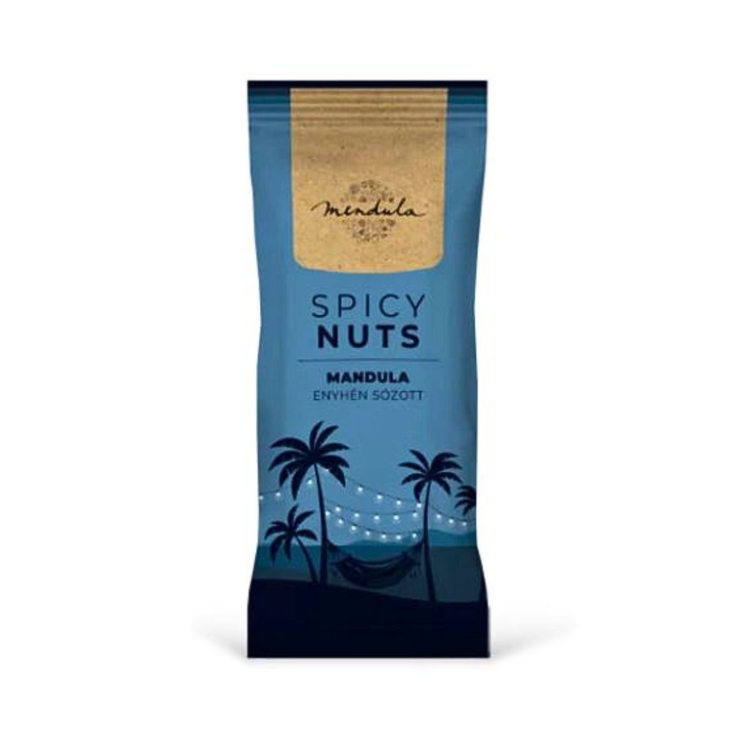 Spicy Nuts - Sós mandula 65g, enyhén sózott, spanyol prémium mandula, pálmafákkal díszített csomagolás.
