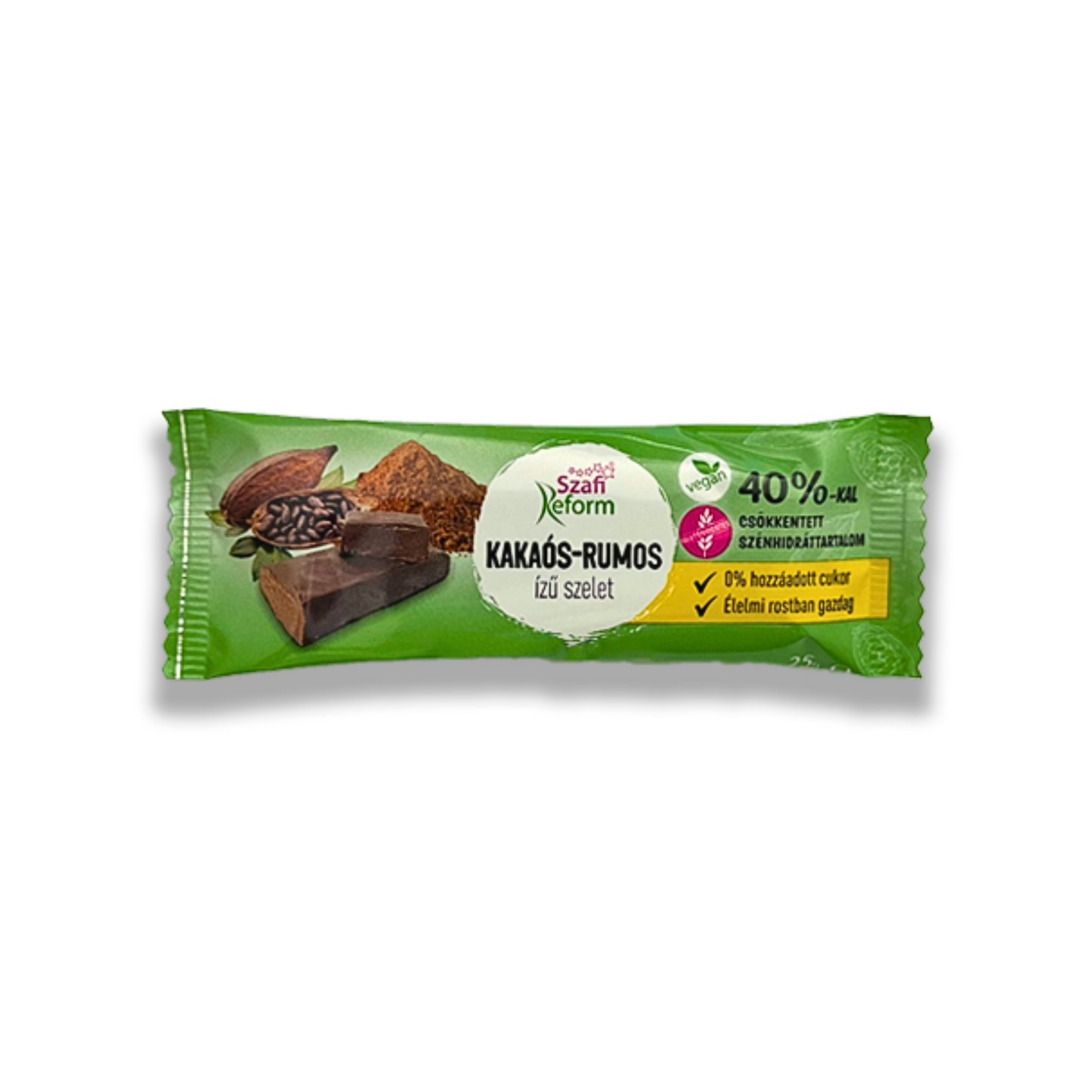 Szafi Reform kakaós-rumos vegán szelet étcsokoládéval, hozzáadott cukor nélkül, 25g