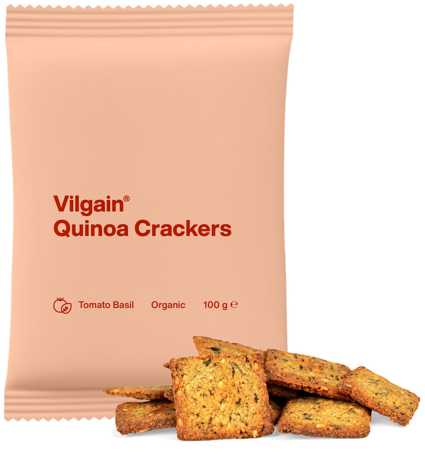 Vilgain BIO Quinoa gluténmentes kréker paradicsomos bazsalikomos ízben, ropogós krékerekkel a csomag előtt.