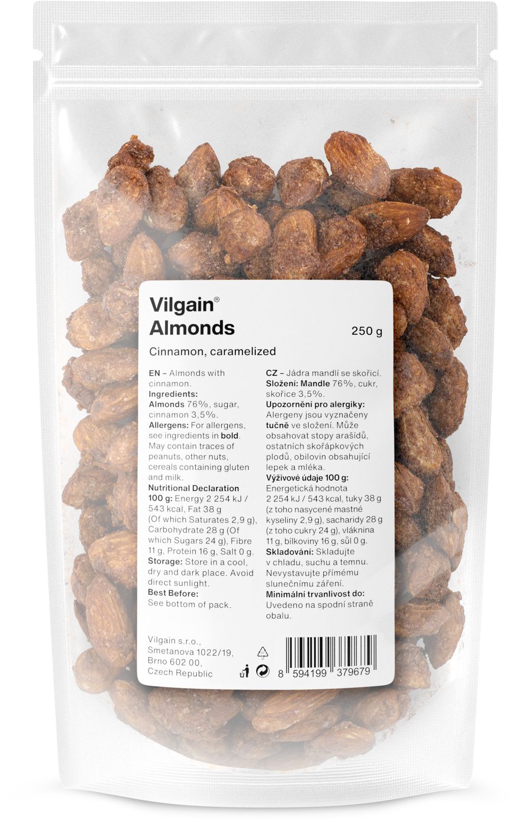 Vilgain Karamellizált Mandula Fahéjas, édes ropogós csemege, magas telítetlen zsírsavtartalom, 250g