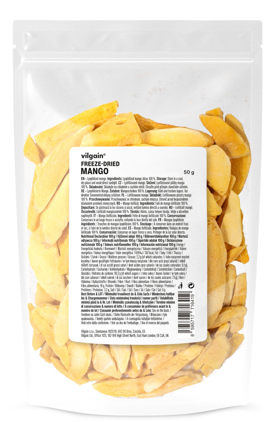 Vilgain Liofilizált Mangó, természetesen édes, ropogós gyümölcs, egzotikus íz, tápanyagdús, 50g