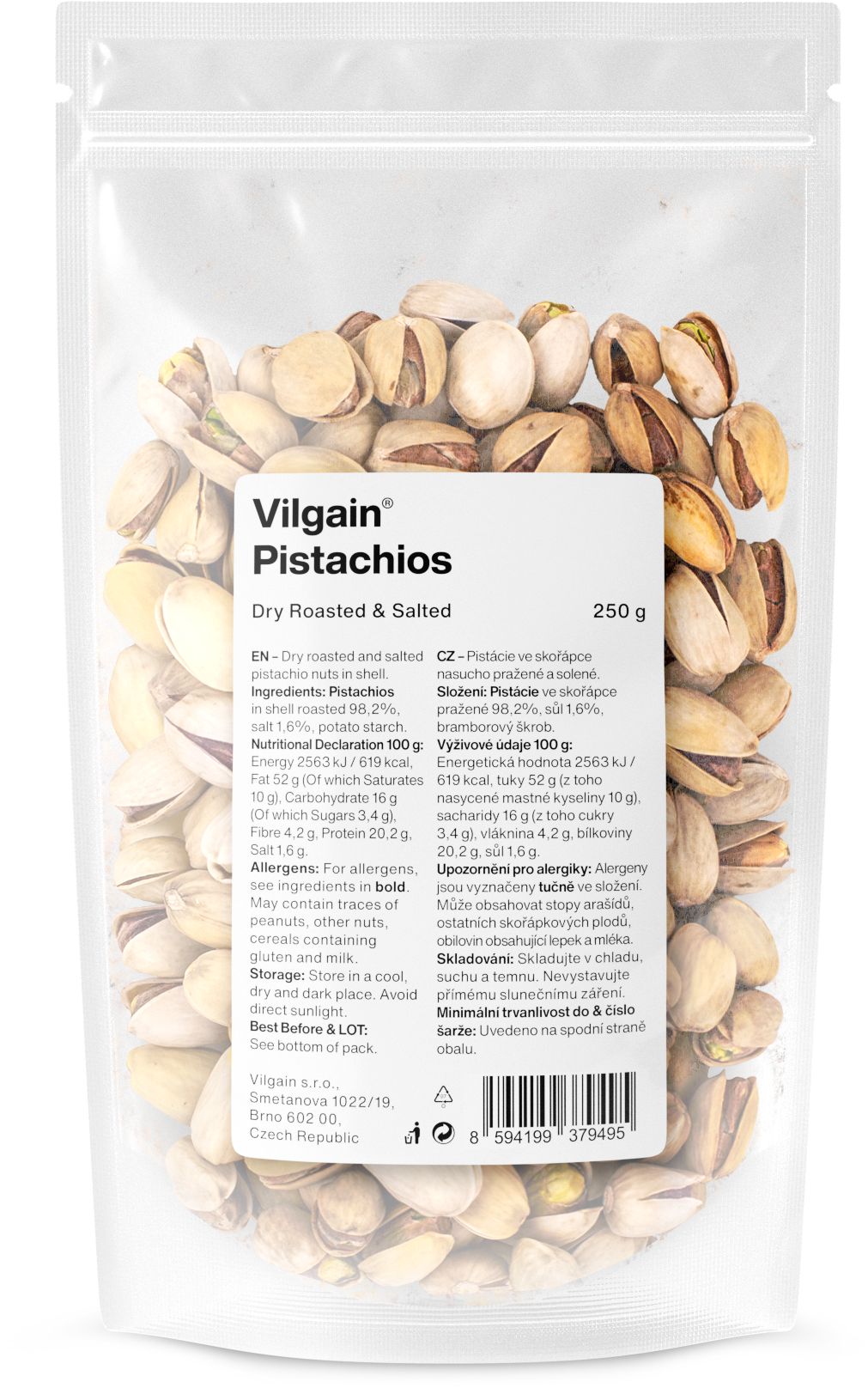 Vilgain Szárazon pörkölt pisztácia 250g-os csomagolásban, jól látható címkével és a diófélék ropogós textúrájával.