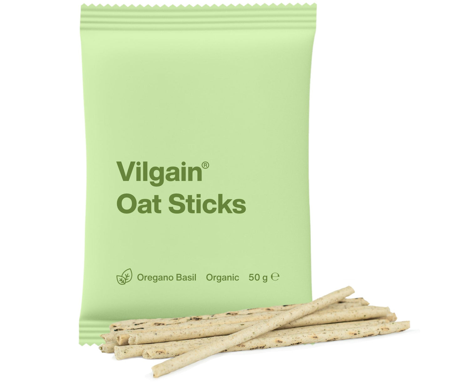 Vilgain BIO Oat Sticks csomagolása és ropogós zabpálcikák, bazsalikommal és oregánóval ízesítve, 50g-os kiszerelésben.