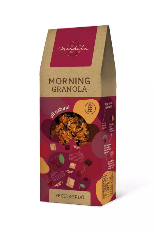 Mendula Fekete-erdő granola, fehér és étcsokoládé, liofilizált cseresznye, gluténmentes, 250g.