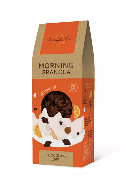 Mendula narancsos-étcsokis granola, gluténmentes, vegán, gazdag csokoládé és narancs íz, 250g.